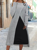 Long Sleeve Color Block Patchwork Knit Winter Fall One Shoulder Stylish Casual dress