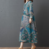 Long Sleeve Autumn Dress Soft Cotton Linen Print