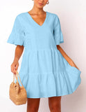 Women's Casual Short Sleeve Ruffle Solid Cotton Dress