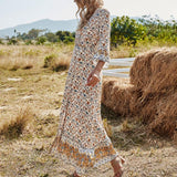 Casual V-neck Half Sleeve Floral Print Maxi Cotton Dress