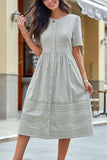 Short Sleeve Round Neckline Button Cotton Midi Dress