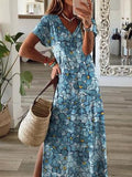 Vacation Loosen V Neck Floral Short sleeve Knit Dress