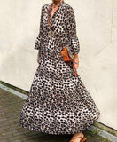 Boho Leopard Print 3/4 Sleeve Maxi Dress