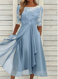 Blue Chiffon Stitched Lace Cut-out Skirt