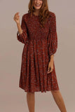 Rust 3/4 Length Sleeve Polyester Knee Length Floral Dress