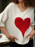 Red Heart V neck 3/4 Sleeve Casual Shift Sweater