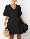 Women's Casual Short Sleeve Ruffle Solid Cotton Dress