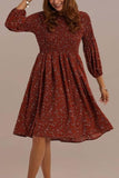 Rust 3/4 Length Sleeve Polyester Knee Length Floral Dress