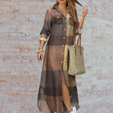 Elegant Print Slit Shirt Lapel Neck Maxi Boho Dress