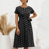 Polka Dot Midi Dress Female Short Sleeve O-neck Button