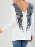 Casual punk female T-shirt with V-neck wings printed on the back