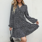 Leopard Print Black Lapel long sleeve bottomed dress