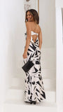 Satin Geometric Print Off Shoulder Maxi Dress