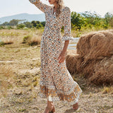 Casual V-neck Half Sleeve Floral Print Maxi Cotton Dress