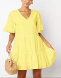 Women's Casual Short Sleeve Ruffle Solid Cotton Dress