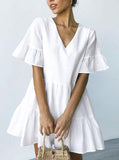 Women's Casual Short Sleeve Ruffle Solid Cotton Dress