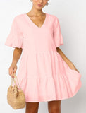 Women's Casual Short Sleeve Ruffle Solid Cotton Dress