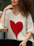 Red Heart V neck 3/4 Sleeve Casual Shift Sweater