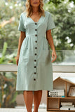 Casual V-neck Button Pocket Short Sleeve A-line Midi Dresses