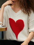 Red Heart V neck 3/4 Sleeve Casual Shift Sweater