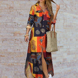 Elegant Print Slit Shirt Lapel Neck Maxi Boho Dress